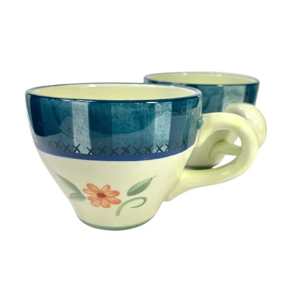 Set of 2 Pfaltzgraff Verona Coffee Cups Green Blue  Floral 16 oz Mug Cottagecore - Picture 1 of 13